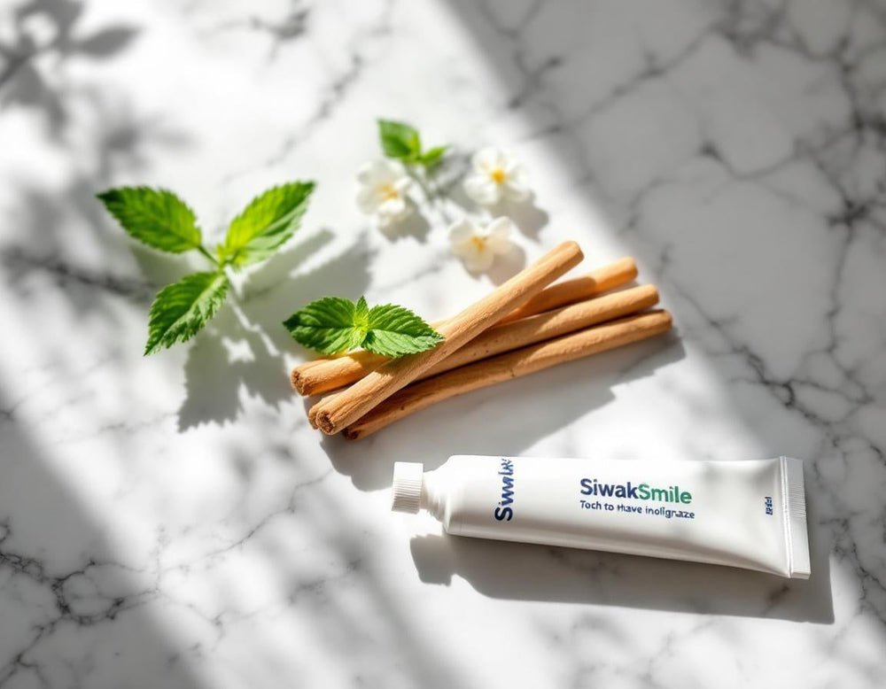 Plan rapproché d’un bâton siwak naturel et d’un dentifrice SiwakSmile posés sur un marbre, entourés de brins de menthe et de feuillages d’eucalyptus dans une ambiance zen.