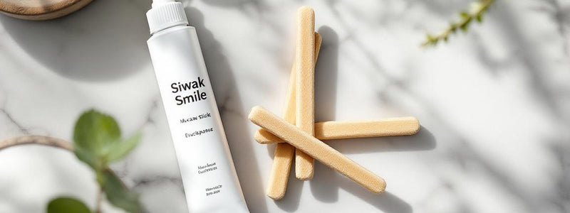 Scène zen de bâtons de siwak et dentifrice SiwakSmile sur marbre blanc agrémentée de menthe et eucalyptus, comment utiliser un siwak pour une hygiène dentaire naturelle et fraîche.
