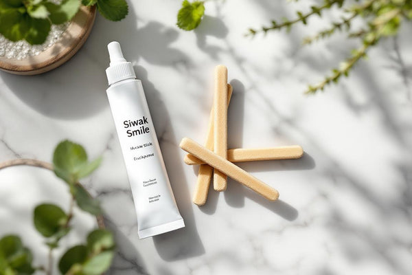 Scène zen de bâtons de siwak et dentifrice SiwakSmile sur marbre blanc agrémentée de menthe et eucalyptus, comment utiliser un siwak pour une hygiène dentaire naturelle et fraîche.