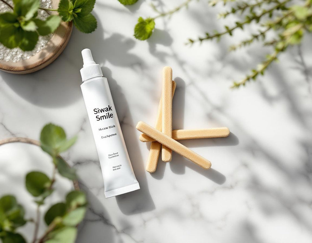 Scène zen de bâtons de siwak et dentifrice SiwakSmile sur marbre blanc agrémentée de menthe et eucalyptus, comment utiliser un siwak pour une hygiène dentaire naturelle et fraîche.