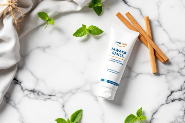 Composition zen de bâtons de siwak naturels et tube de siwak dentifrice SiwakSmile sur marbre blanc, agrémentés de brins de menthe, dans une lumière douce et apaisante.