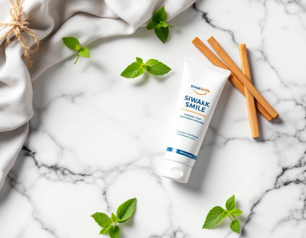 Composition zen de bâtons de siwak naturels et tube de siwak dentifrice SiwakSmile sur marbre blanc, agrémentés de brins de menthe, dans une lumière douce et apaisante.