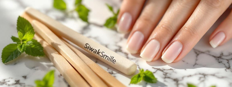 Scène zen de bâtons de siwak et dentifrice SiwakSmile posés sur marbre, entourés de menthe et eucalyptus, évoquant blanchiment dent prix dentiste par pureté naturelle.