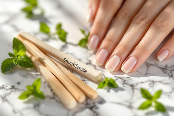 Scène zen de bâtons de siwak et dentifrice SiwakSmile posés sur marbre, entourés de menthe et eucalyptus, évoquant blanchiment dent prix dentiste par pureté naturelle.