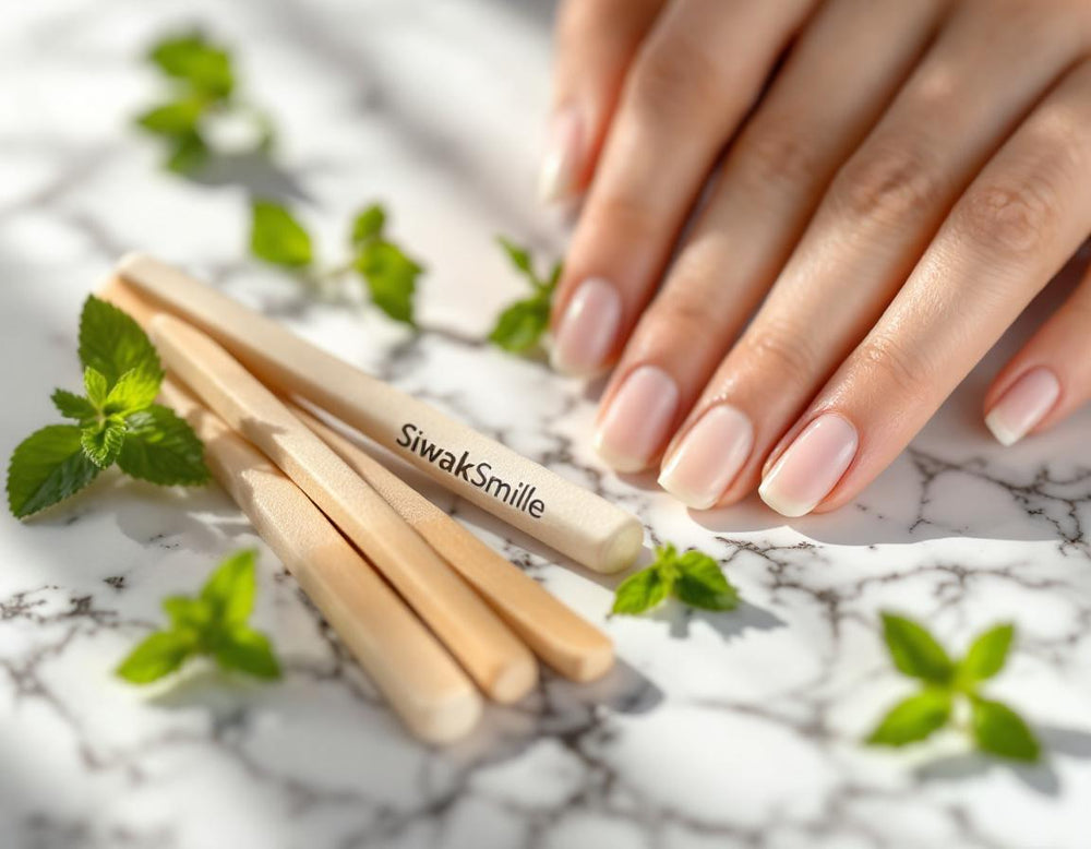Scène zen de bâtons de siwak et dentifrice SiwakSmile posés sur marbre, entourés de menthe et eucalyptus, évoquant blanchiment dent prix dentiste par pureté naturelle.