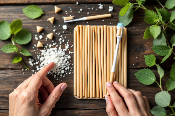 Plan zen révélant un siwak dangereux aux racines boisées authentiques, un tube SiwakSmile et des feuilles de menthe évoquant pureté et fraîcheur naturelle.