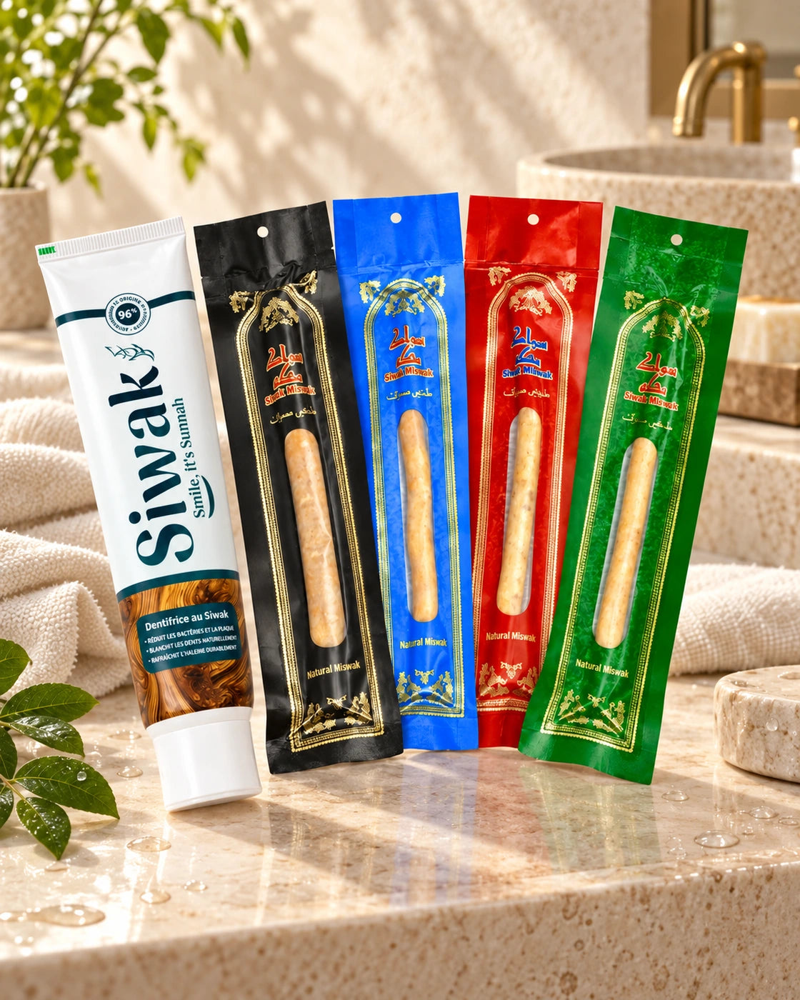 Dentifrice et quatre siwaks SiwakSmile dans une salle de bain lumineuse