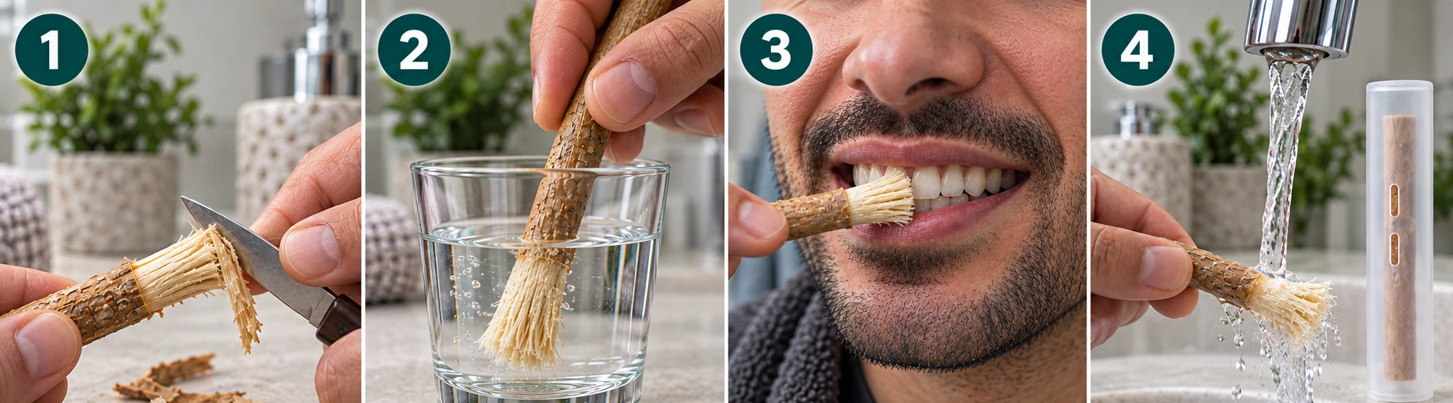 Les quatre étapes d’utilisation du siwak : préparer les fibres, les humidifier, brosser doucement puis les rincer