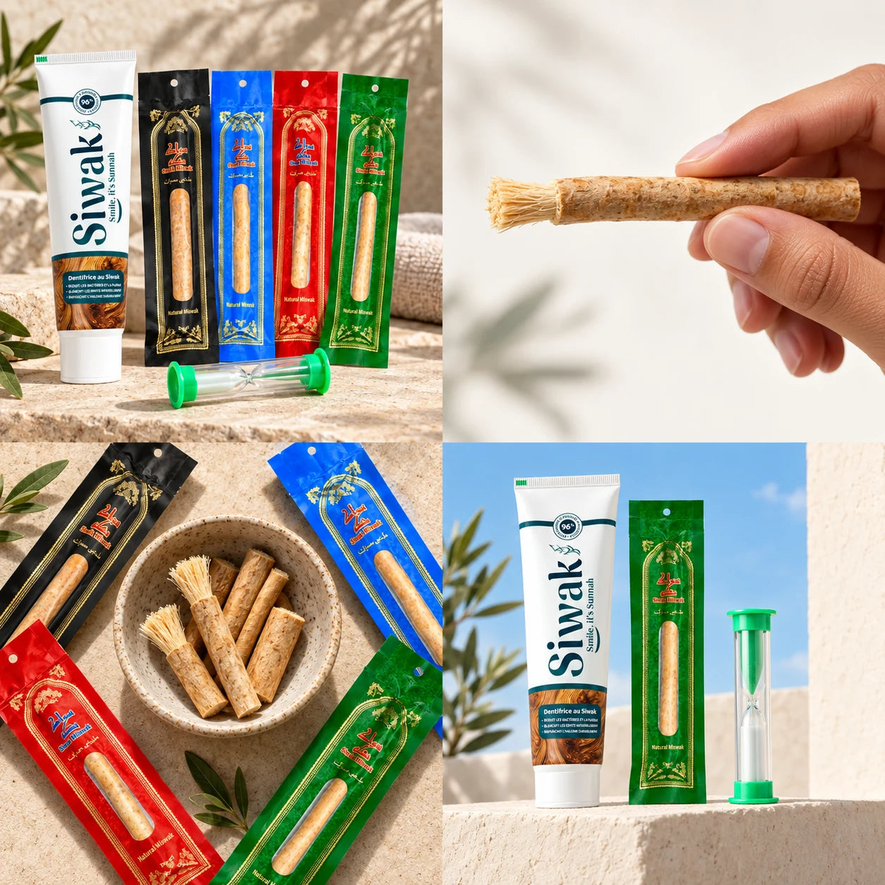 Quatre scènes autour du rituel SiwakSmile : produits, siwak préparé et geste quotidien