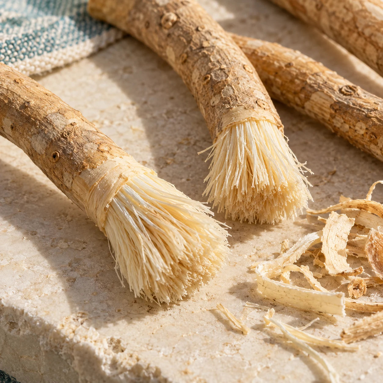 Extrémités de siwak fraîchement préparées en fibres souples