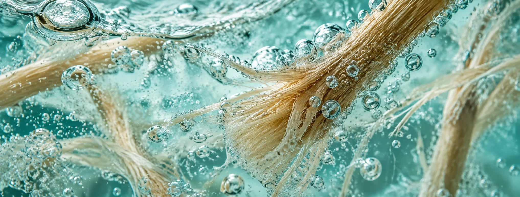 Fibres naturelles de siwak plongées dans une eau fraîche et pétillante