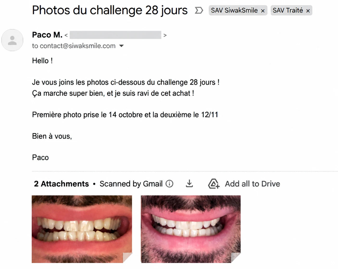 E-mail anonymisé de Paco accompagné de ses photos avant et après le challenge SiwakSmile de 28 jours