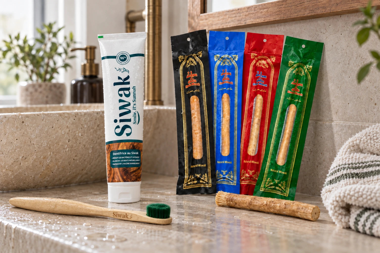 Recharge SiwakSmile avec le dentifrice, quatre siwaks et la NanoBrosse en bambou aux brins verts