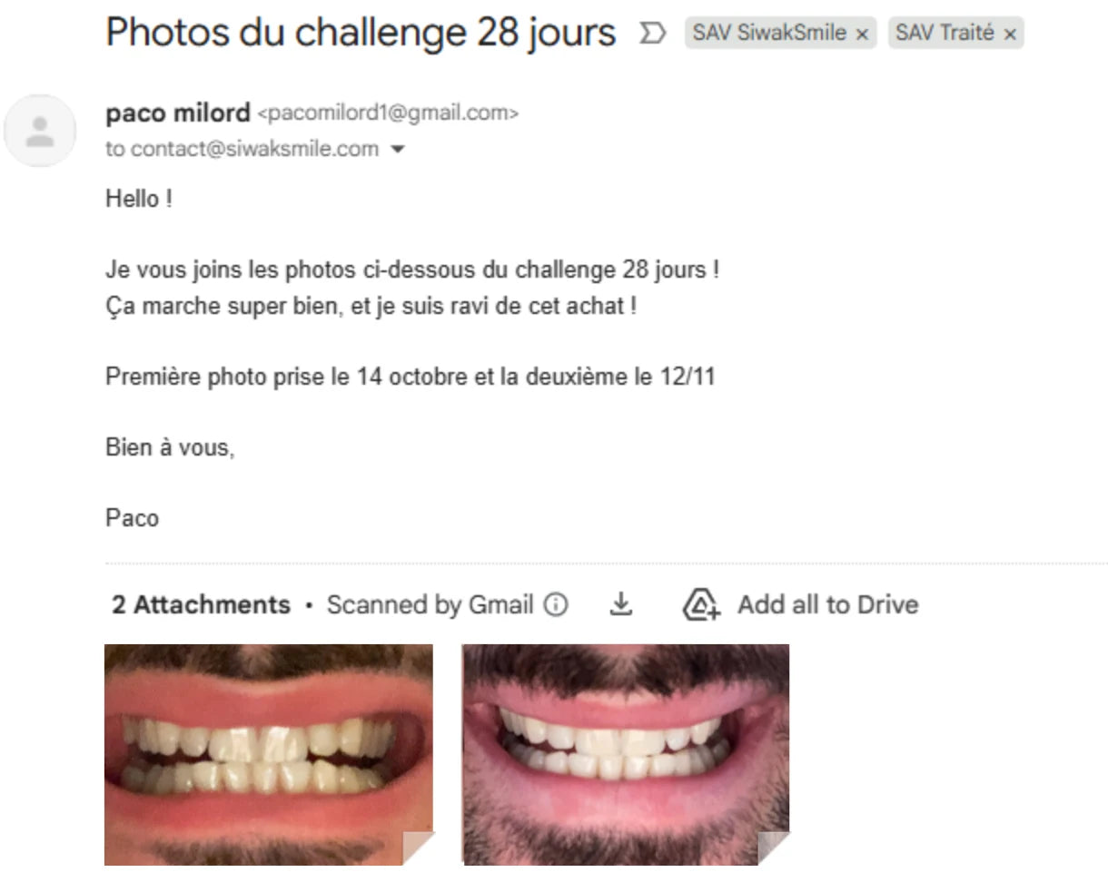 Capture du message envoyé par Paco avec ses deux photos avant et après le challenge de 28 jours