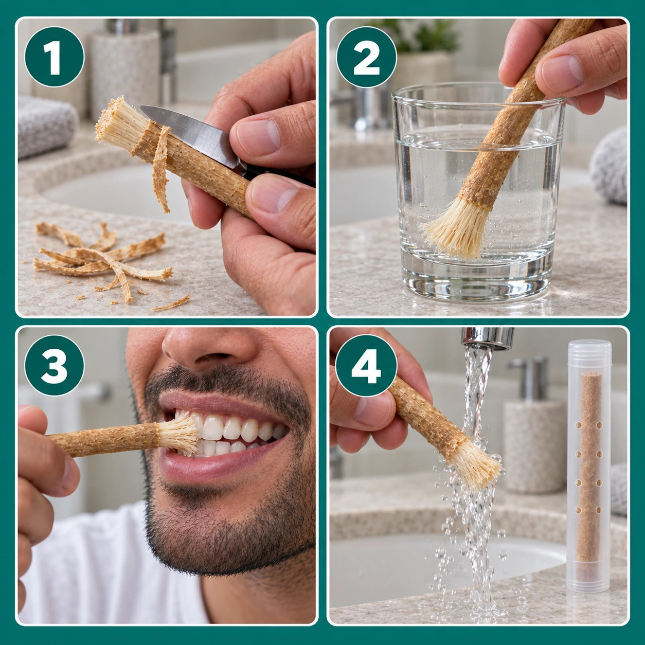 Les quatre gestes d’utilisation du siwak : tailler l’extrémité, la mouiller, brosser doucement puis rincer et ranger le bâton